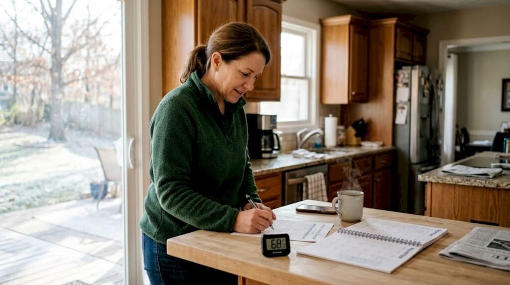 Homeowner preparing winter heating checklist in kitchen