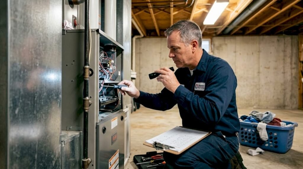 Technician checks furnace in Kansas City basement