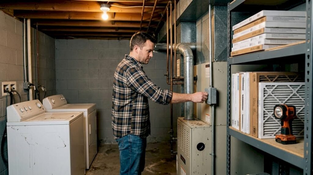 Homeowner switching off furnace before troubleshooting