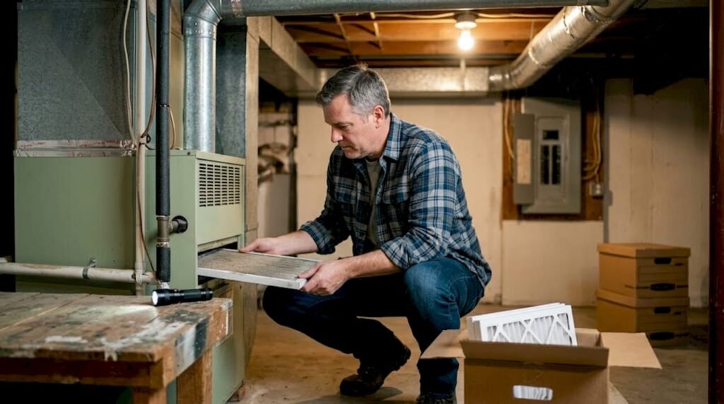 Homeowner changing HVAC filter in Kansas City basement