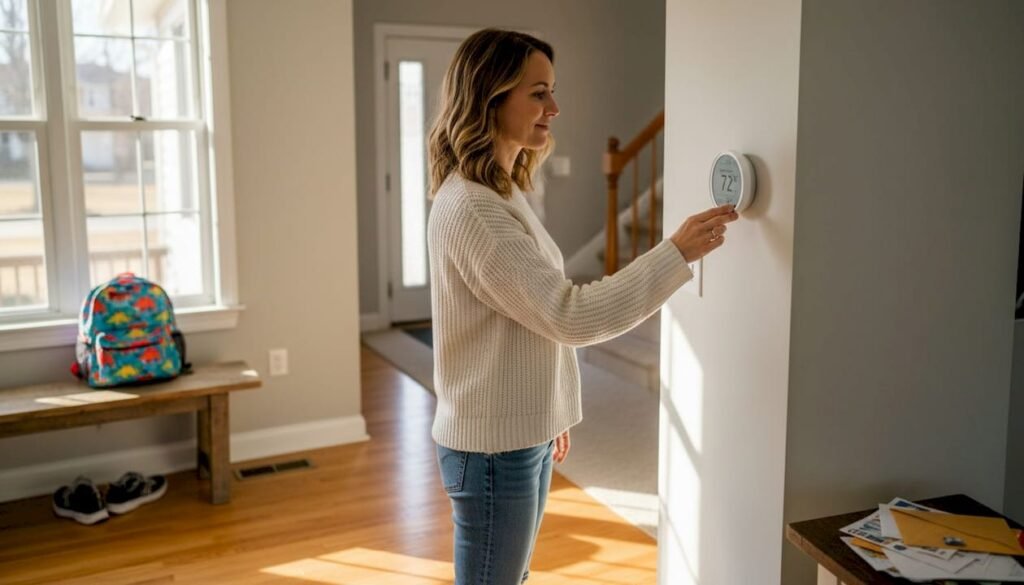 Homeowner adjusting smart thermostat in living room