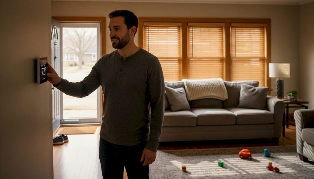Homeowner adjusting smart thermostat in living room
