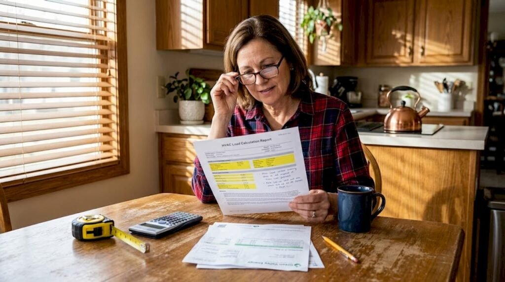 Homeowner reviewing HVAC report at kitchen island