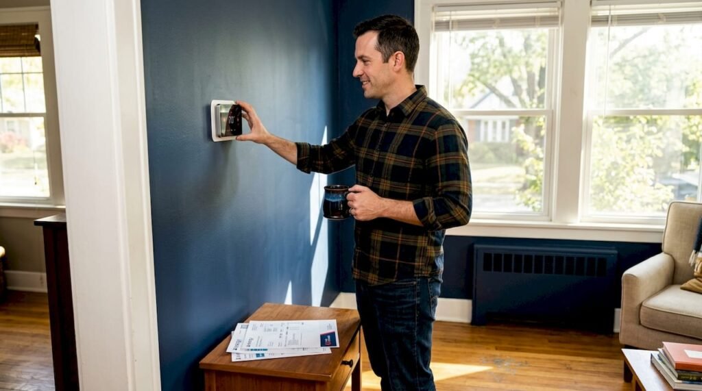 Homeowner adjusting smart thermostat in Kansas City living room