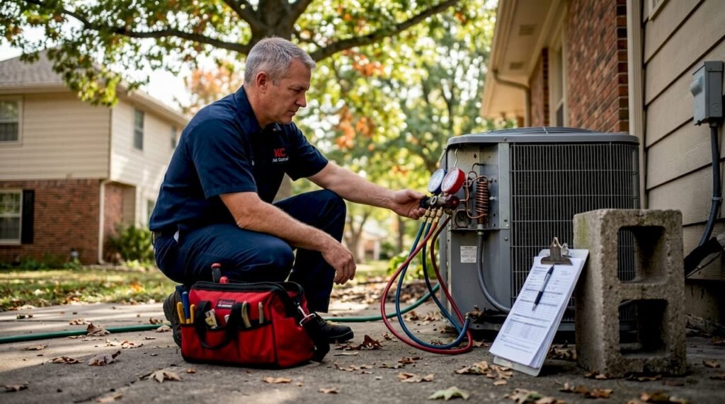 Technician inspects air conditioner on home patio
