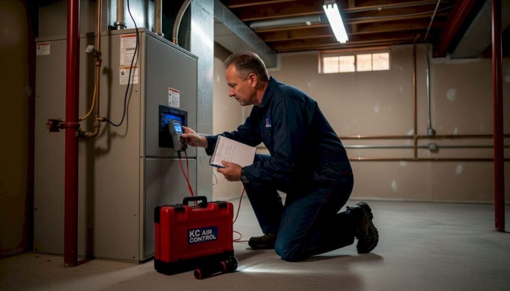 Technician inspecting furnace in Kansas City basement