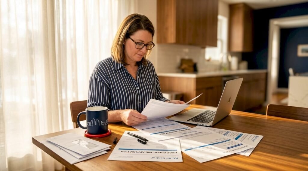 Homeowner reviewing HVAC financing papers at kitchen table