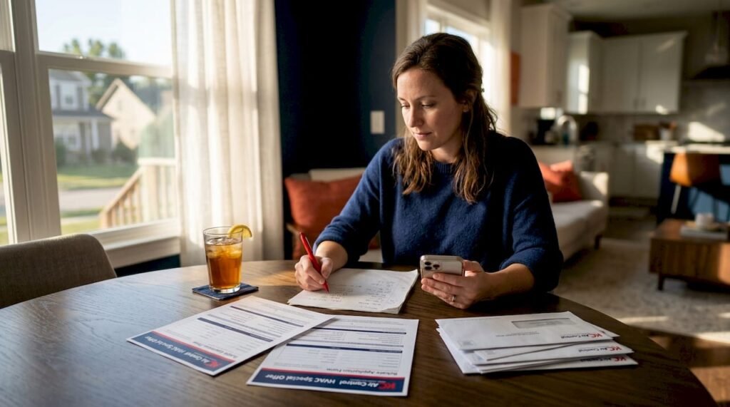 Homeowner reviews HVAC rebates at kitchen table
