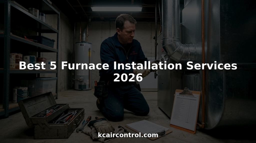 Technician installing home furnace in basement