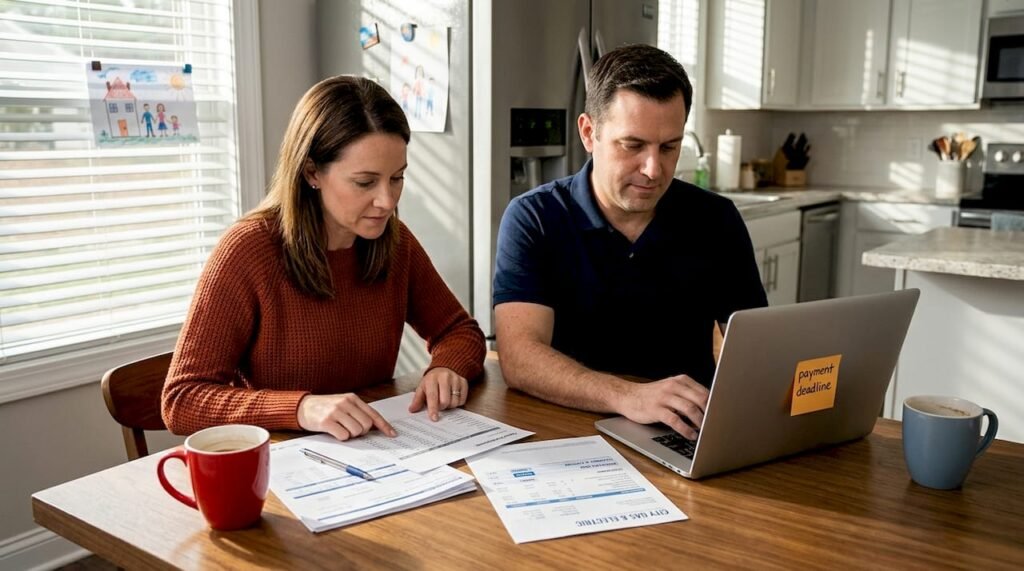 Homeowners reviewing HVAC financing paperwork