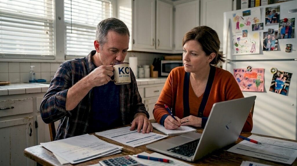 Homeowners reviewing HVAC financing at kitchen table