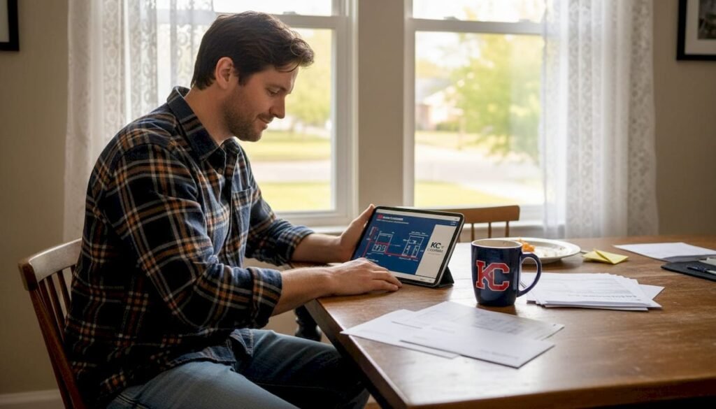 Homeowner reviewing hvac plans in kitchen