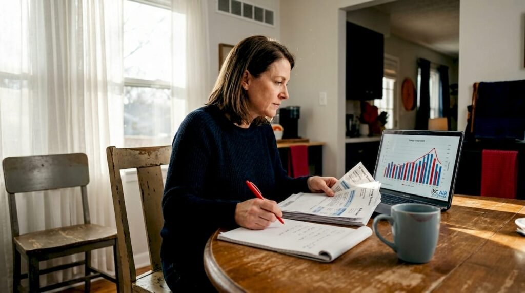 Homeowner at kitchen table reviewing energy bills
