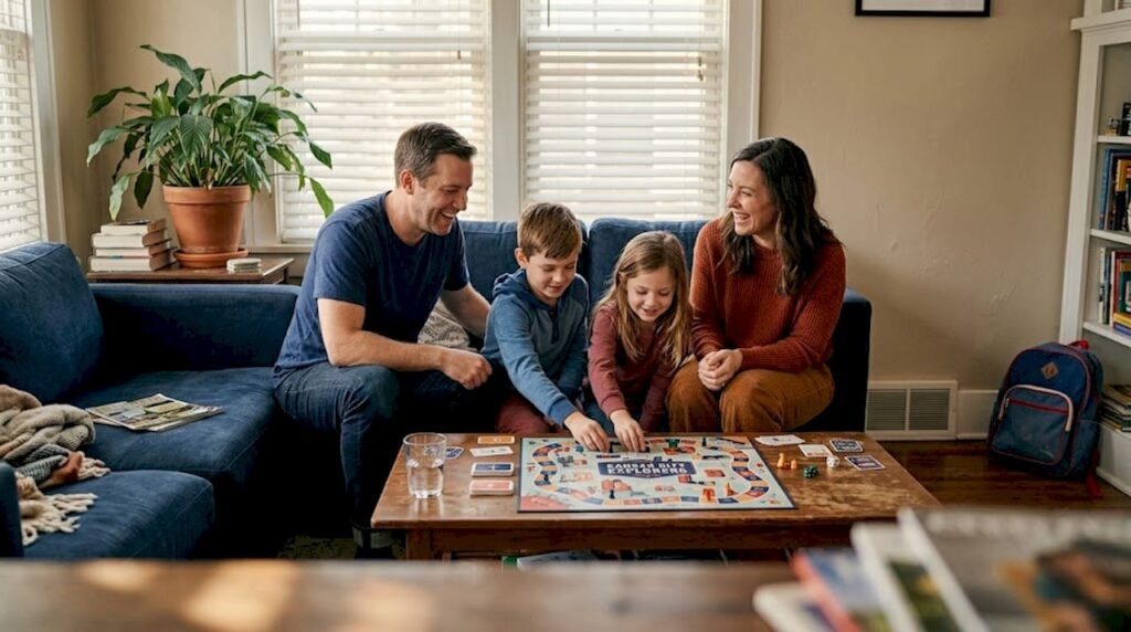Family relaxing in sunlit living room with HVAC vent visible