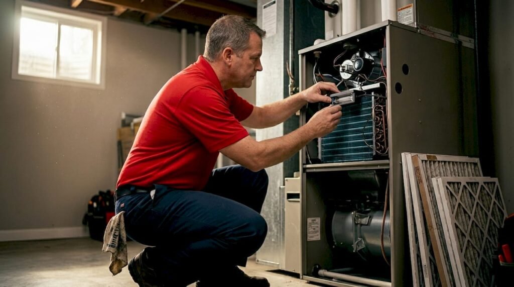 Technician installing UV light in home HVAC unit