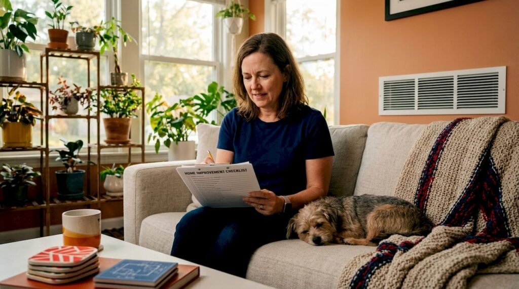 Homeowner relaxing in cool sunlit living room