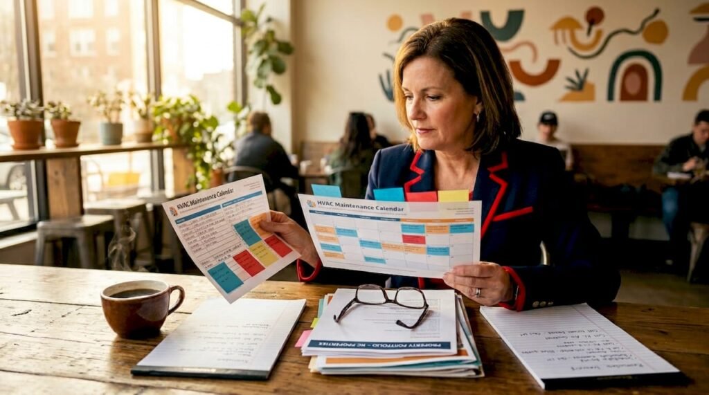 Property manager reviewing HVAC maintenance calendar