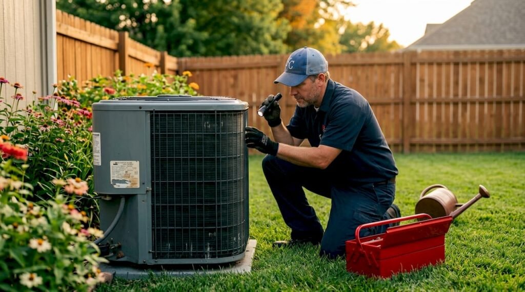 Homeowner inspecting backyard AC unit