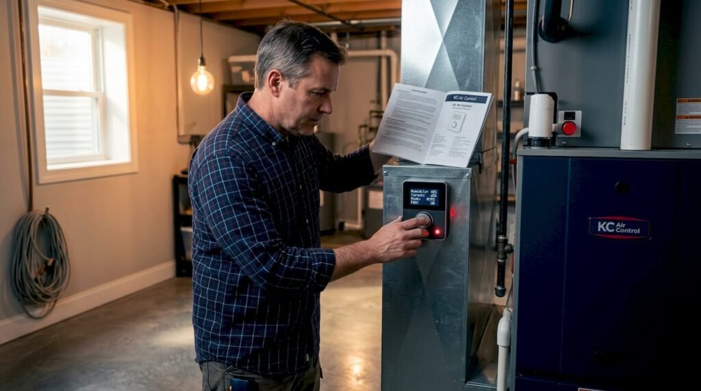 Homeowner adjusting HVAC humidifier control