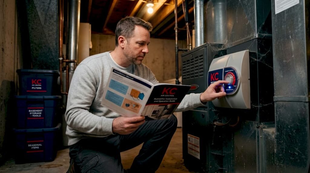 Homeowner examining HVAC humidifier near furnace
