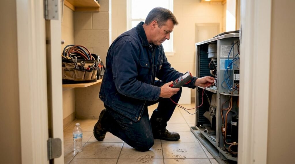 Landlord checks HVAC unit wiring with tools