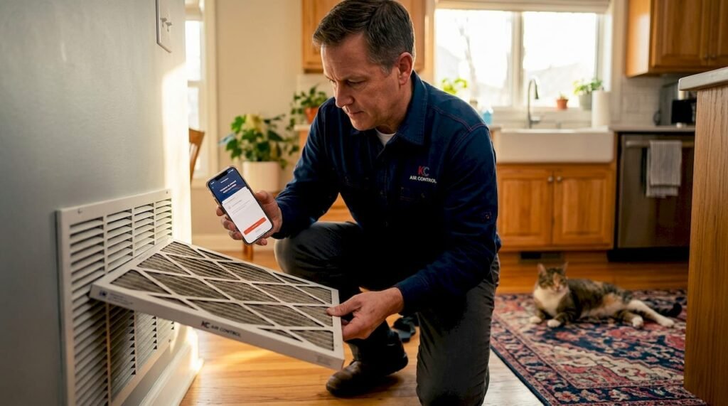 Homeowner checks dirty HVAC filter at vent
