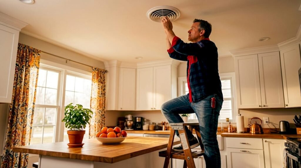 Homeowner adjusting ceiling vent in living room