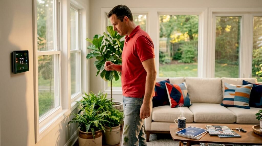 Homeowner adjusting thermostat in living room