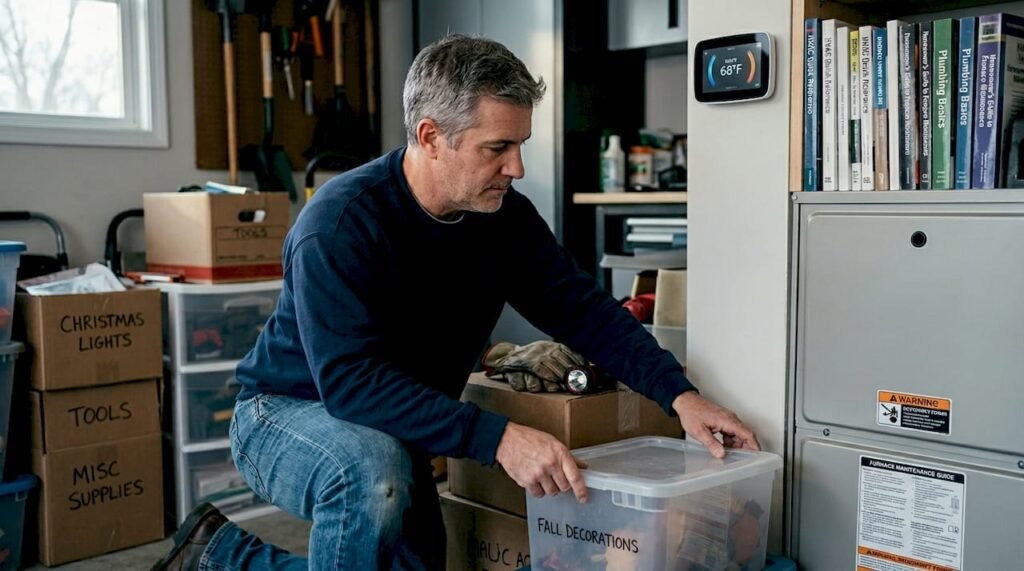 Homeowner preparing furnace for upgrade