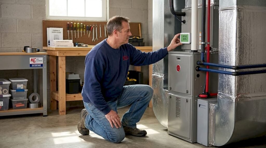 Homeowner checks new furnace in basement
