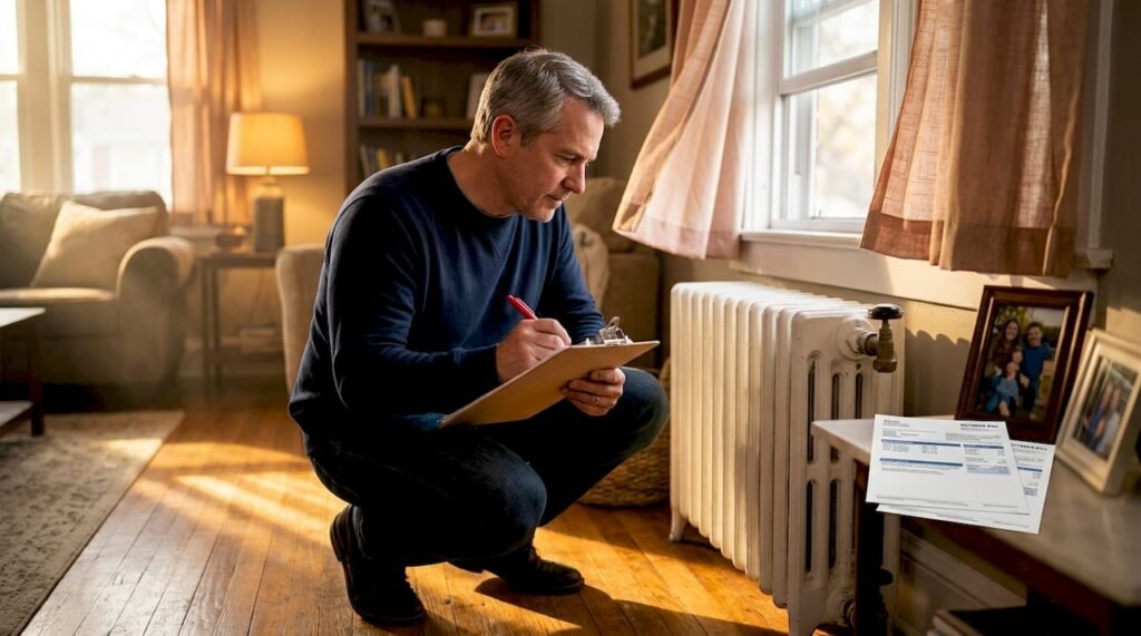 Homeowner inspecting radiator for heating assessment