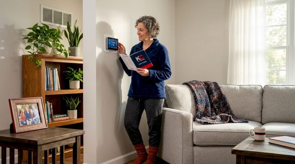 Homeowner checking thermostat in living room