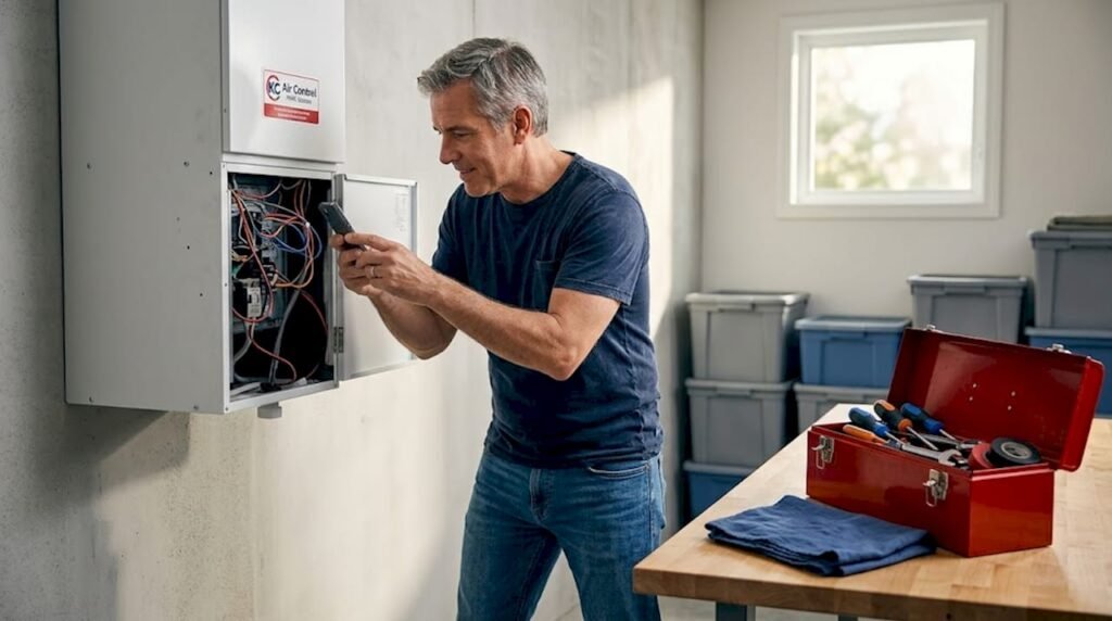 Homeowner photographing ac wiring before repair