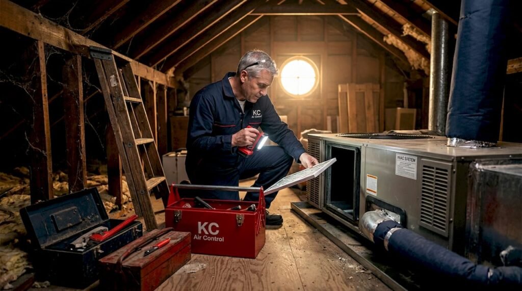 Technician inspecting home HVAC unit