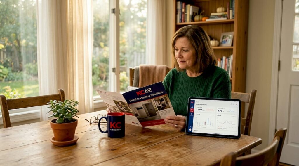 Homeowner reviewing heating system brochure at table