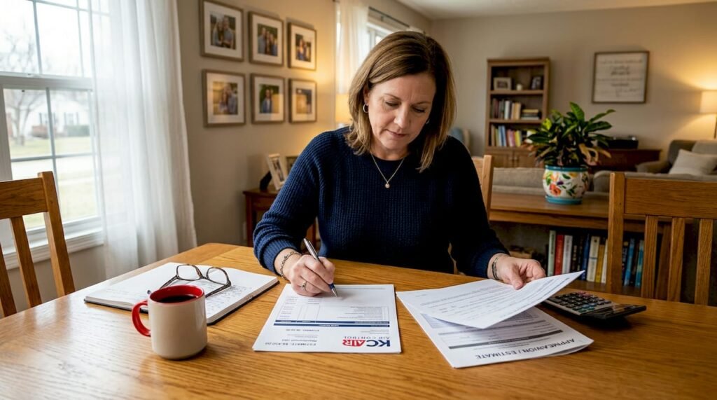 Homeowner reviewing HVAC loan papers in kitchen