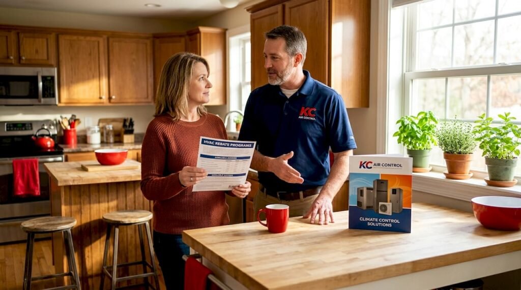 Homeowner consulting contractor about HVAC rebates