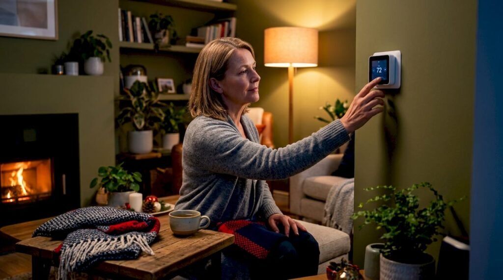 Woman adjusting thermostat in cozy winter living room