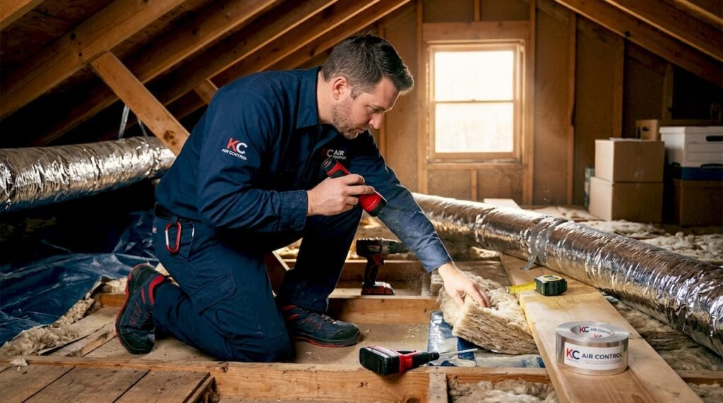 Technician inspecting attic insulation and ductwork