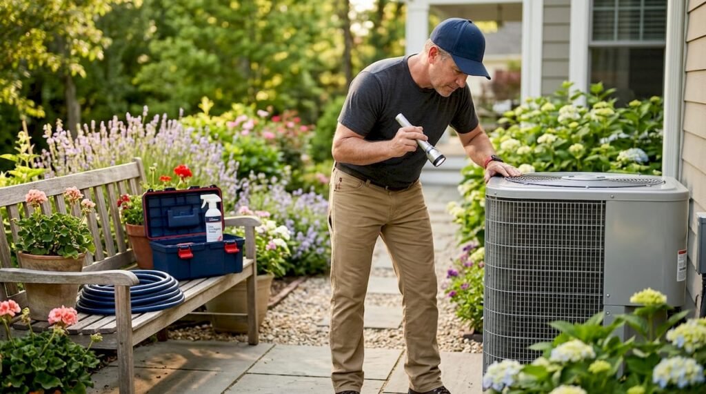 Homeowner inspects outdoor AC condenser unit
