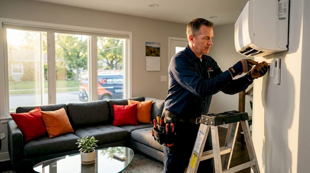 Technician installing home air conditioner in living room