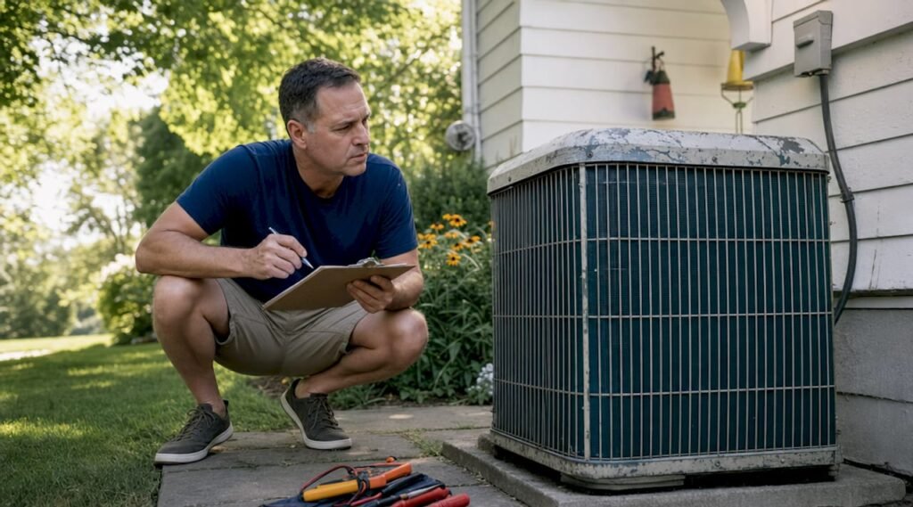 Homeowner inspecting old AC unit outdoors