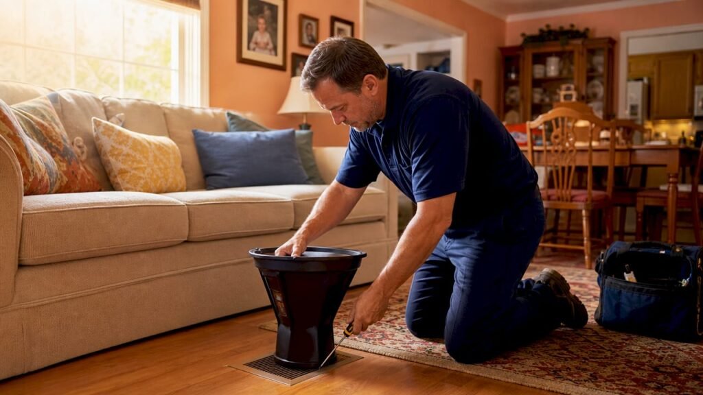 Technician measuring airflow with flow hood in living room