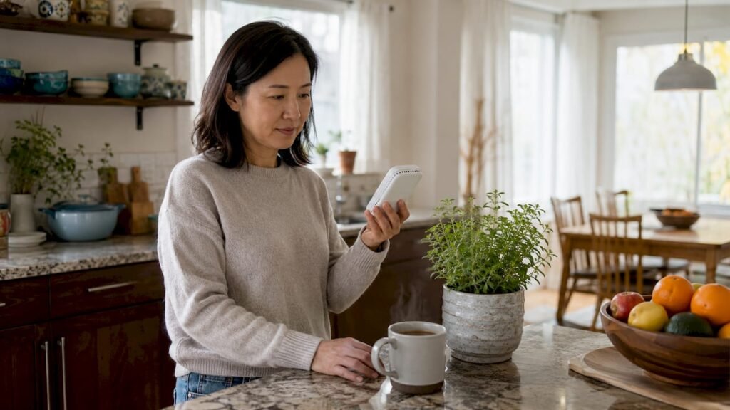 Woman checking indoor air quality at home