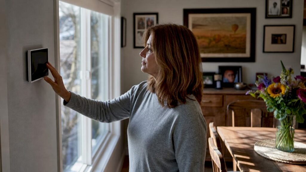Woman adjusting home thermostat on wall