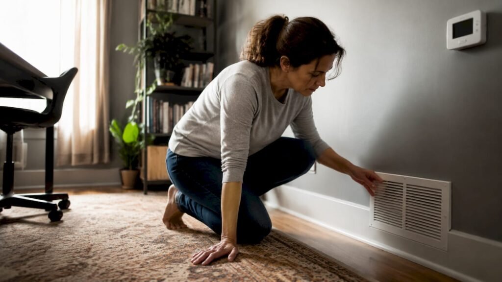 Woman inspecting air vent in home living room
