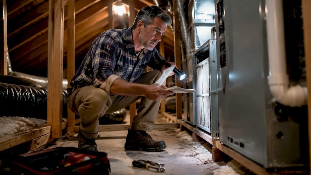 Man inspecting furnace air filter in basement