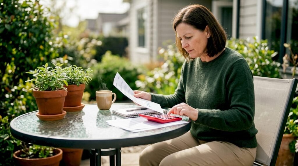 Homeowner reviewing HVAC loan documents at kitchen table