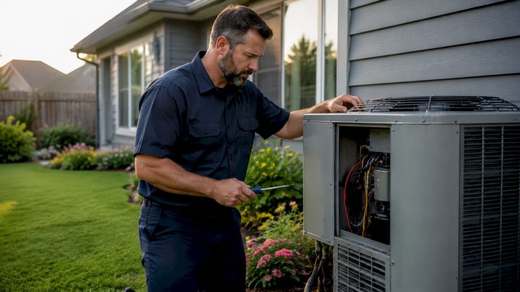 HVAC technician inspecting outdoor AC unit
