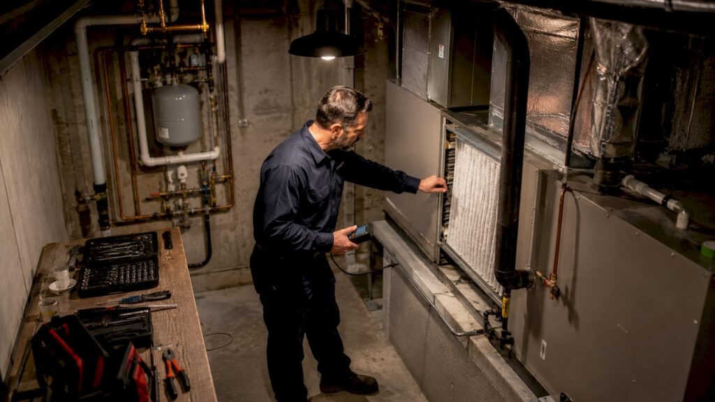 Technician inspecting HVAC unit in basement